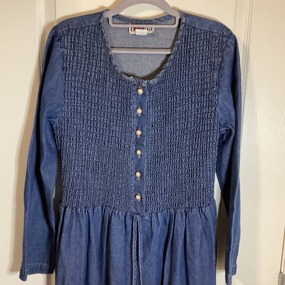 Vintage Donna Dresses & Skirts - Donna Vintage Womens Denim Maxi Dress Long Sleeve Smocking Cottage Core Prairie